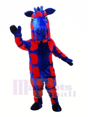 Blaues und rotes Giraffen-Maskottchen kostümiert Tier