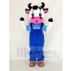 Süß Kuh mit Blau Overall Maskottchen Kostüm Karikatur