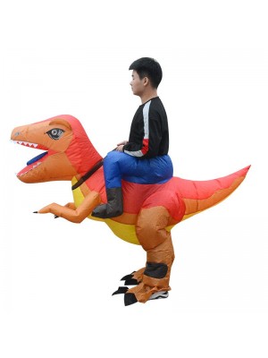 Orange und Gelb Velociraptor Dinosaurier Tragen mich Reiten auf Aufblasbar Kostüm zum Erwachsene