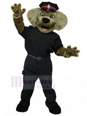 Lächelnder brauner Polizist Hund Maskottchen Kostüm in schwarzer Uniform Tier
