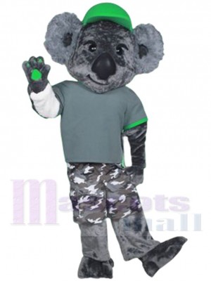 Grauer Koala Joe Maskottchen-Kostüm Tier mit grünem Hut