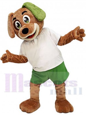 Brauner Hund Maskottchen-Kostüm im weiß-grünen Outfit Tier