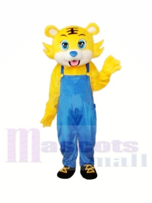 Gelber Tiger im blauen Overall Maskottchen Kostüm für Erwachsene Kostenloser Versand