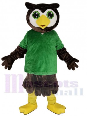 Schöne Eule Maskottchen-Kostüm Tier im grünen T-Shirt