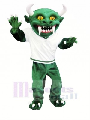 Grün Teufel mit Lange Zähne Maskottchen Kostüm Karikatur