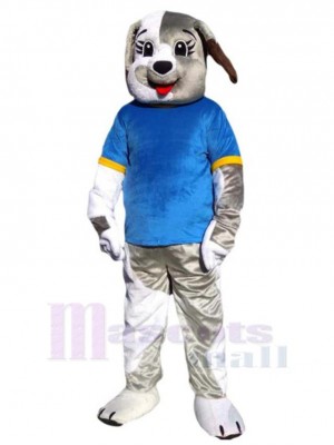 Weißer und grauer Hund Maskottchen Kostüm Tier im blauen T-Shirt