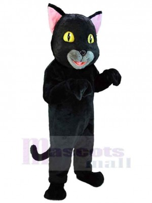 Lächelnde schwarze Katze Maskottchen Kostüm Tier mit gelben Augen