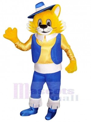 Gelbe Katze Maskottchen Kostüm Tier in Blaue Weste