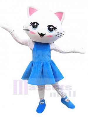 Tanzende weiße Katze Maskottchen Kostüm Tier im blauen Kleid