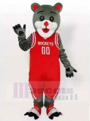 Glückliche graue Katze Maskottchen Kostüm Tier in roter Basketballkleidung