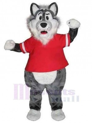Grauer Wolf Maskottchen Kostüm Tier im roten Sport-T-Shirt