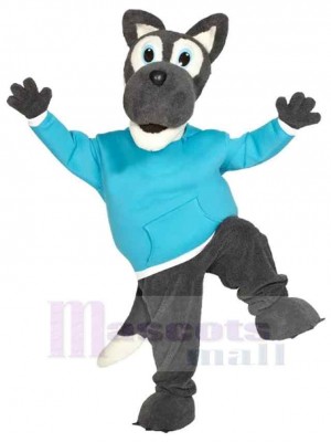 Glücklicher Wolf Maskottchen Kostüm Tier in blauer Kleidung