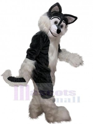 Netter schwarzer und weißer langer Pelzwolf Maskottchen Kostüm Tier
