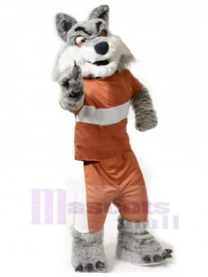 Wilder grauer Wolf Maskottchen Kostüm Tier in orangefarbener Kleidung