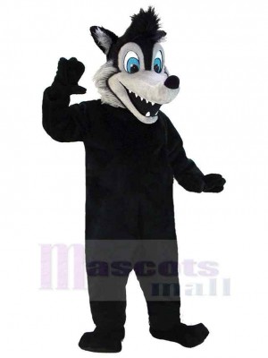 Lustiger schwarzer Wolf Maskottchen Kostüm Tier Erwachsene mit blauen Augen