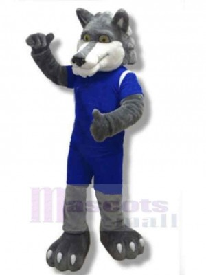 Macht Grauer Wolf Maskottchen Kostüm Tier in Blaue Sportbekleidung