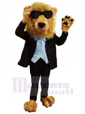 Cooler Löwe Maskottchen-Kostüm Tier im schwarzen Anzug