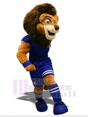 Fußball-Löwe Maskottchen-Kostüm Tier in blauer Sportbekleidung