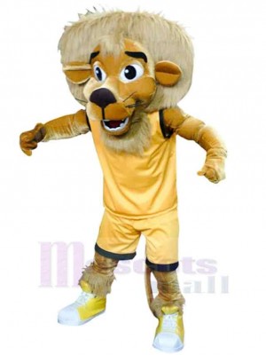 Löwe Maskottchen-Kostüm Tier in gelber Sportbekleidung