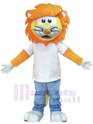 Orangefarbener Löwe Maskottchen-Kostüm Tier im weißen T-Shirt