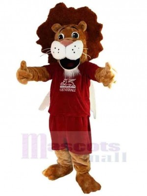 Brauner Löwe Maskottchen-Kostüm Tier in roter Sportbekleidung