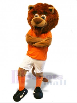 Sportlöwe Maskottchen-Kostüm Tier in oranger Kleidung