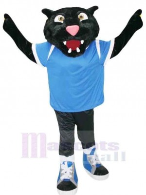Panther Maskottchen-Kostüm Erwachsene im blauen T-Shirt