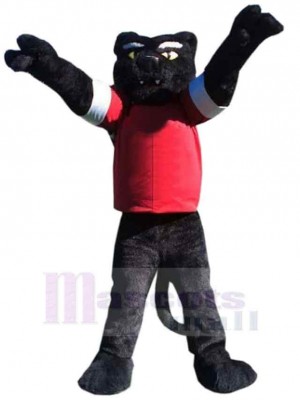Schwarzer Panther Maskottchen-Kostüm Tier im roten T-Shirt