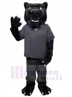 Schwarzer Panther Maskottchen-Kostüm Tier im grauen T-Shirt