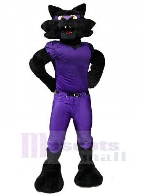 Männlicher schwarzer Panther Maskottchen-Kostüm Tier in lila Kleidern