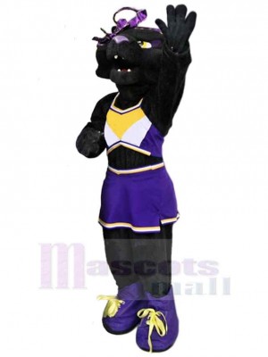 Weiblicher schwarzer Panther Maskottchen-Kostüm Tier im lila Rock