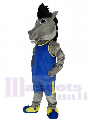 Grauer Mustang Pferd Maskottchen Kostüm Tier im königsblauen Trikot
