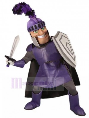 Grinsender Ritter in lila Rüstung Maskottchen Kostüm Menschen