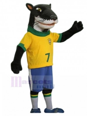 Schwarz-weißes Hermelin Maskottchen Kostüm in Gelb und Grün Fußball Jersey Tier