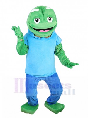 Liebenswürdig Grüner Frosch Maskottchen-Kostüm mit blauem Hoodie Tier