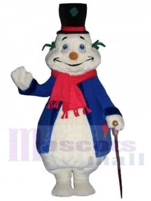 Lustiger Schneemann Maskottchen Kostüm Karikatur im blauen Mantel