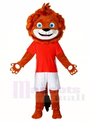 Glücklicher Löwe im roten Hemd Maskottchen kostüm Tier
