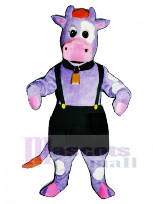 Süße lila Kuh mit Overalls und Bell Maskottchen Kostüm Tier 