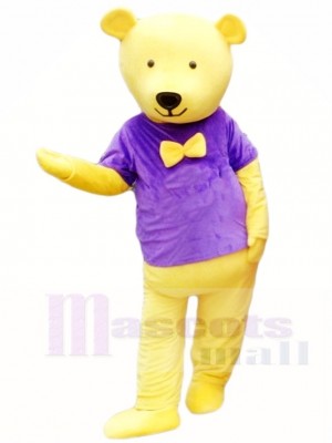 Gelber Teddybär im Lila Hemd Maskottchen Kostüm Tier