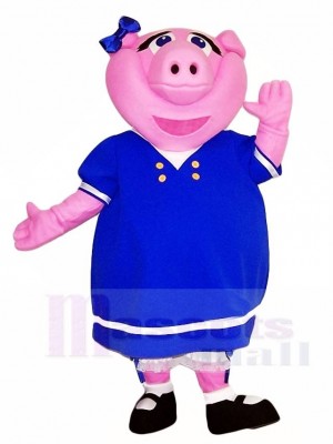 Rosa Schwein im blauen Kleid Maskottchen kostümiert Vieh