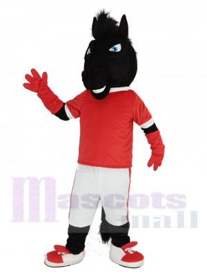 Schwarz Pferd im rot Jersey Maskottchen Kostüm Tier
