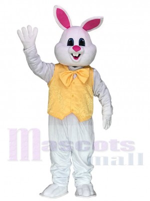 Weißes Häschen Ostern Kaninchen mit gelbem Bogen und Weste Maskottchen kostüm Tier
