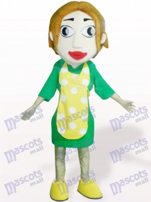 Frau mit gelben Schürze Cartoon Adult Maskottchen Kostüm