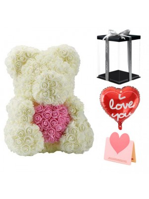 weiße Rose Teddybär Blumenbär mit Rosa Herz Bestes Geschenk für Muttertag, Valentinstag, Jubiläum, Hochzeit und Geburtstag