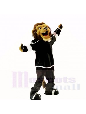Hochschulsport-Löwe mit schwarzer Hemd-Maskottchen-Kostüm-Schule