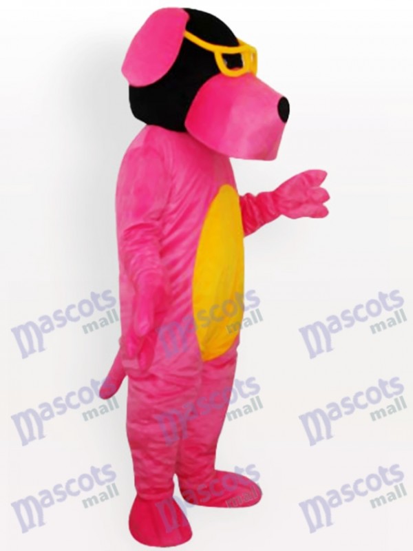 Pink Dog mit gelben Bauch und Brille Maskottchen Kostüm für Erwachsene