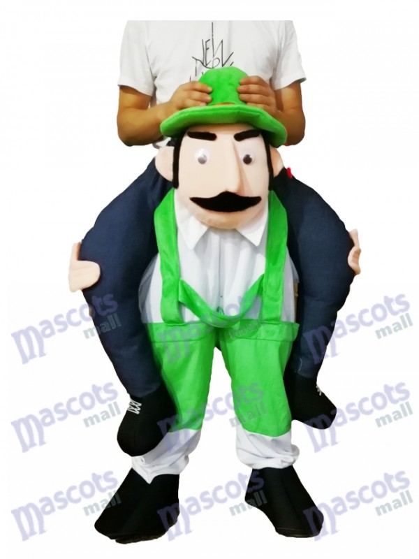 Huckepack bärtigen Onkel Carry Me Ride grüne Overalls Mann Maskottchen Kostüm