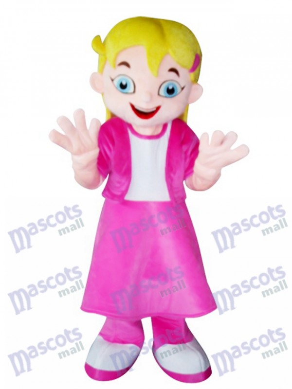 Gelbes Haar Mädchen im rosa Kleid Maskottchen Kostüm Cartoon